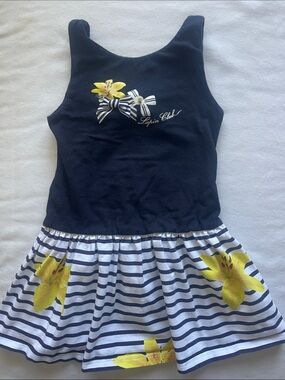 LAPIN CLUB -LAPIN HOUSE Girls Size 6 Navy & Yellow Striped Floral Dress